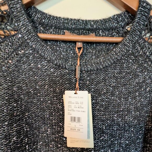 NWT Melanie Lyne Black Lurex Sweater Top with Crochet Sleeves - Picture 2 of 7